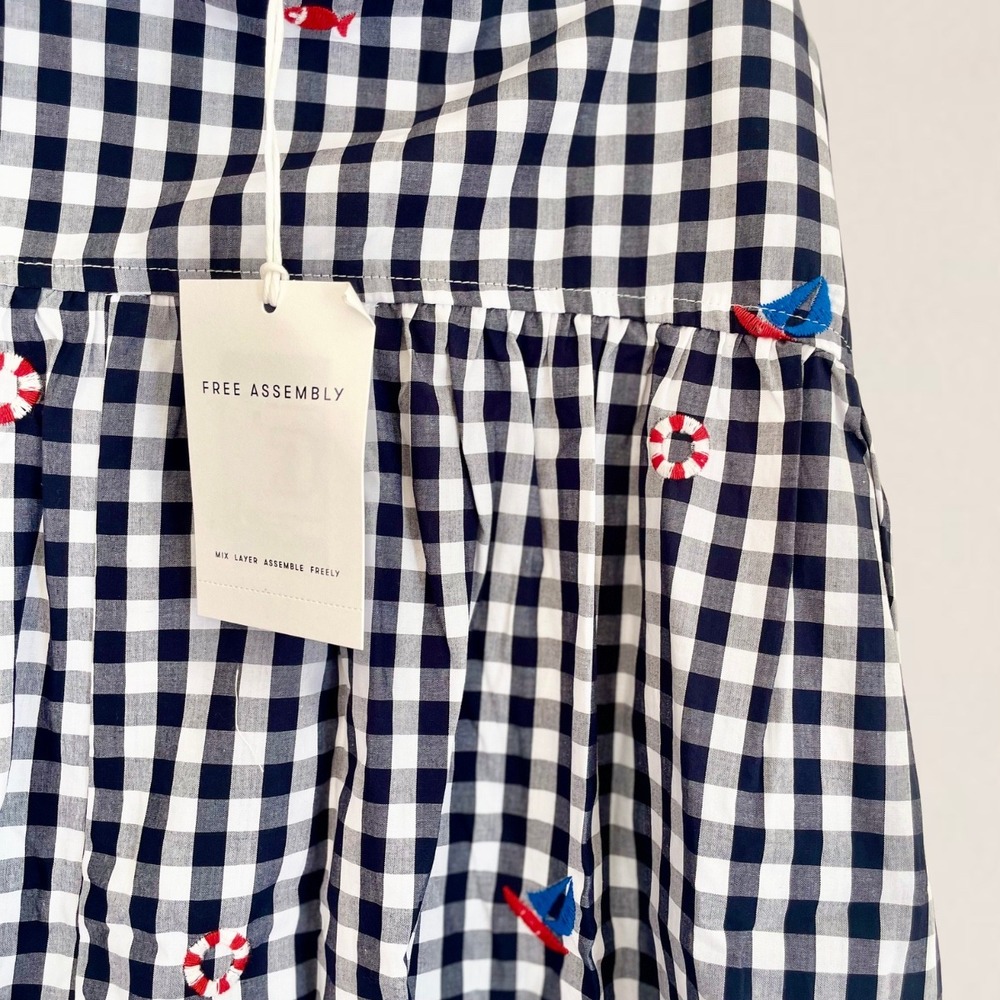 Free Assembly Womens Gingham Nautical Embroidered Midi Skirt Navy White Size 10 - Picture 4 of 8